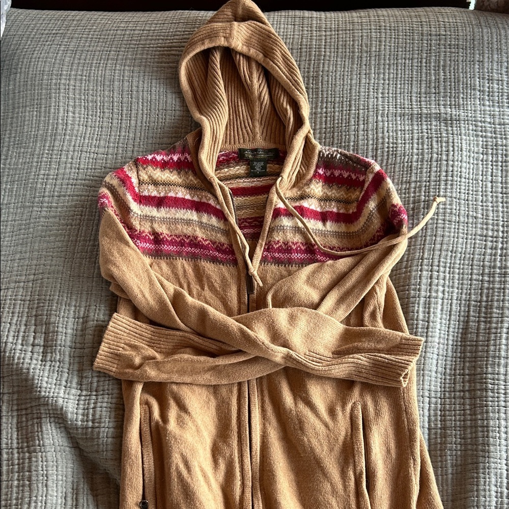 Eddie Bauer Tan Hooded Zip Sweater with Pink & Cream Fair Isle Yoke